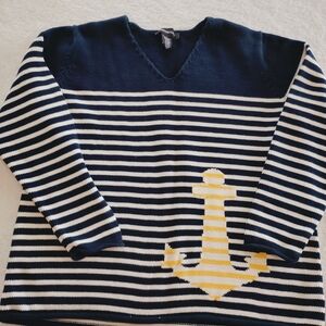 Norton Studio V-Neck Knit Sweater Nautical Anchor Sailor Navy Coastal PL
